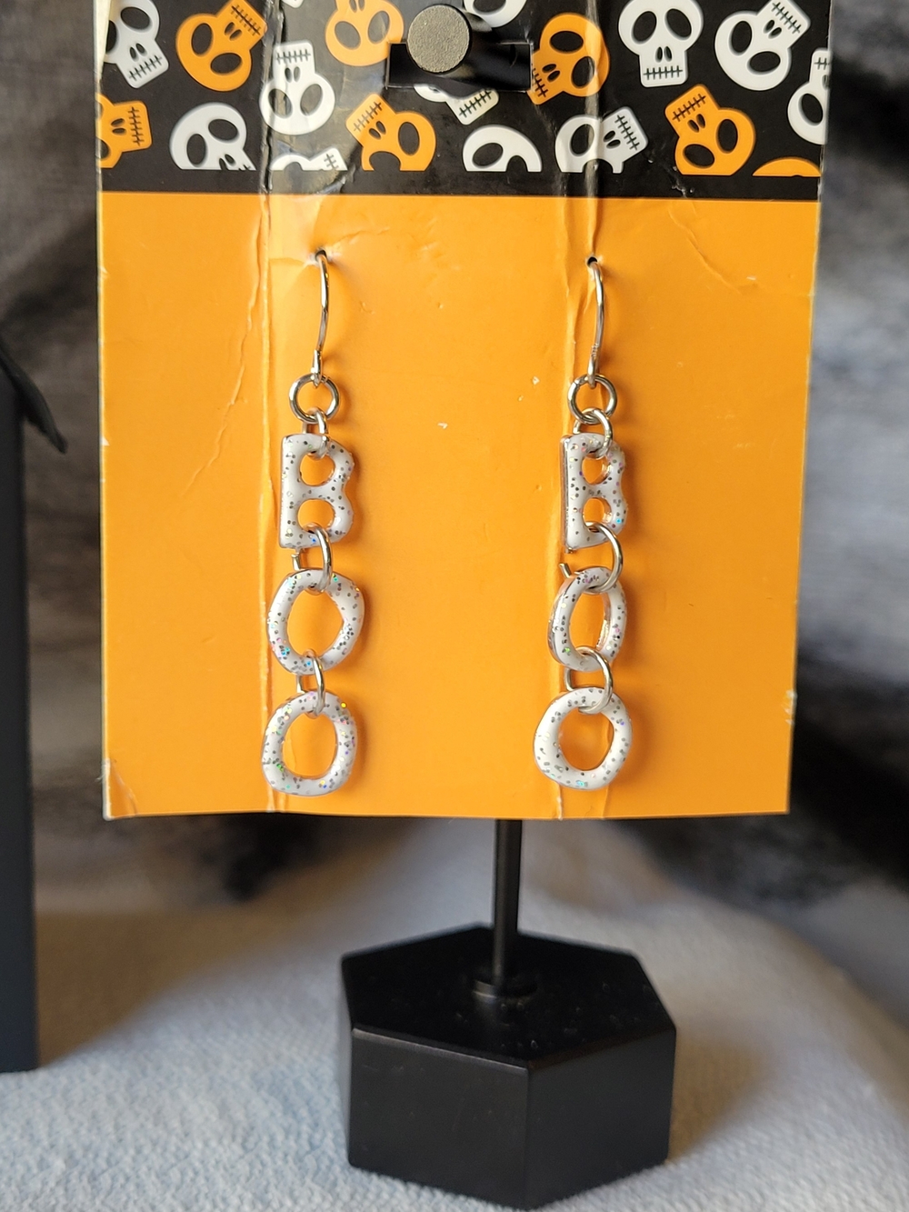 Silver-tone Glitter Dangle 'BOO' Halloween Earrings